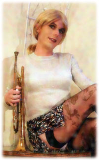 sexy blond crossdresser with trumpet